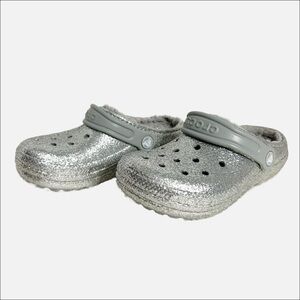 Crocs Classic Glitter Fleece Line Clog Silver/Gray Heel Strap SlipOn Lightweight